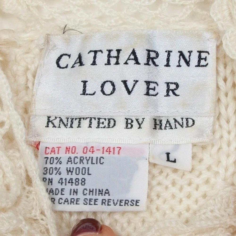 Catharine Lover‎ Womens Hand Knitted Victorian Style Wool Sweater Size L Ivory